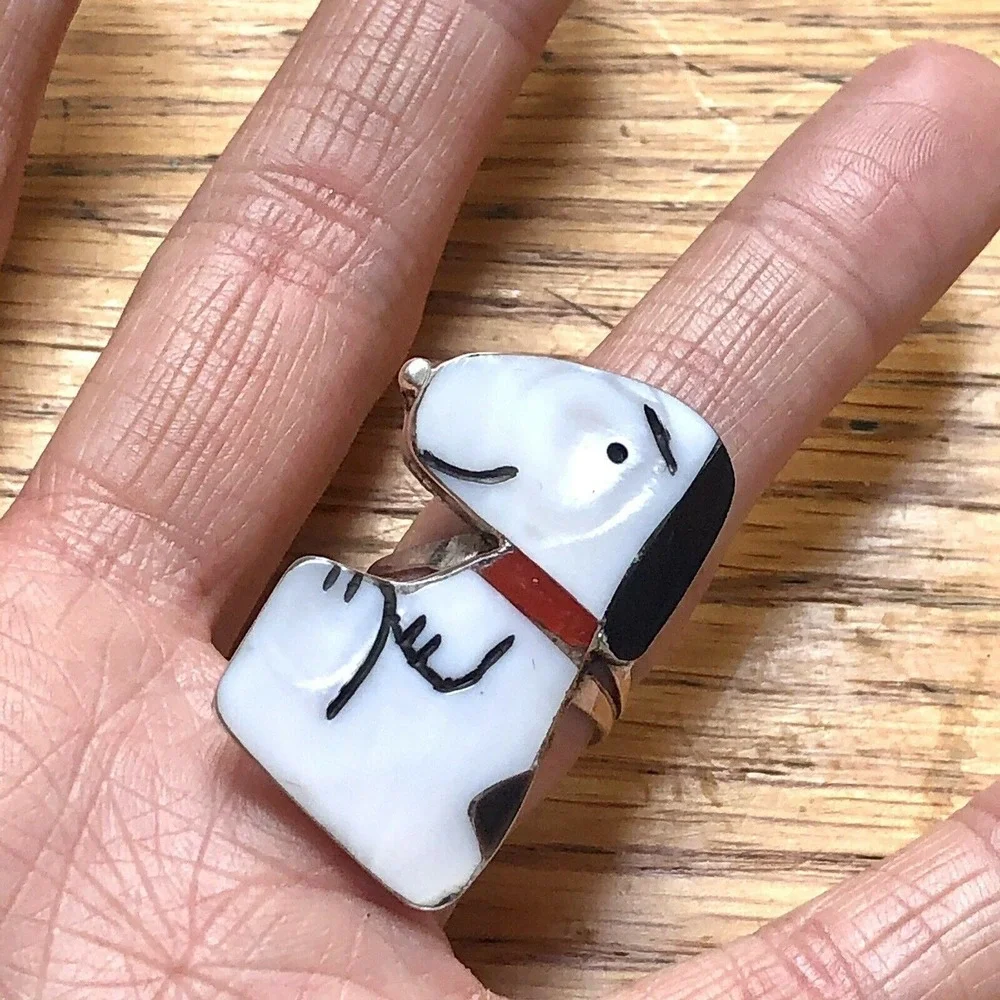 BIG Zuni Snoopy Ring Red Collar Sz 6.5 Inlay 925 Signed Comosona Peanuts Turquoi